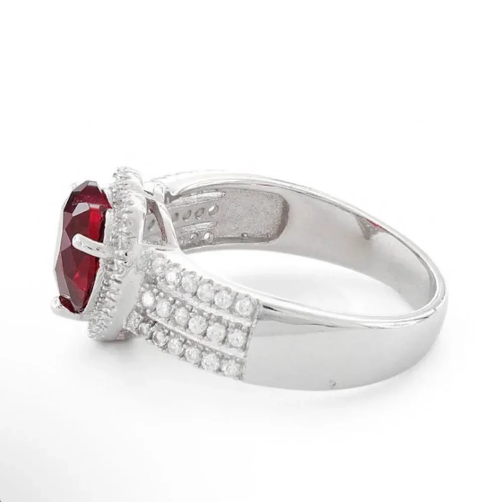 925 Sterling Silver Red Ruby Heart Ring CZ Halo Triple Band Wedding Promise Ring